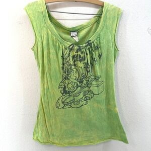 Vintage Y2K Agaci Too Women's Green Tie Dye Graphic Baby Doll Top M Raw Hem